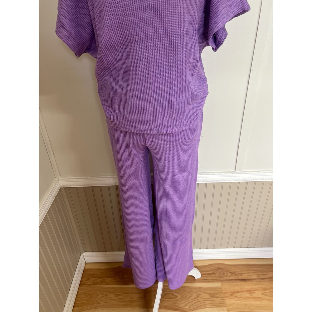 Zenana Womens Purple Waffle Knit 2 Piece Set Mock Neck Top Wide Leg Pants Small - Picture 9 of 15
